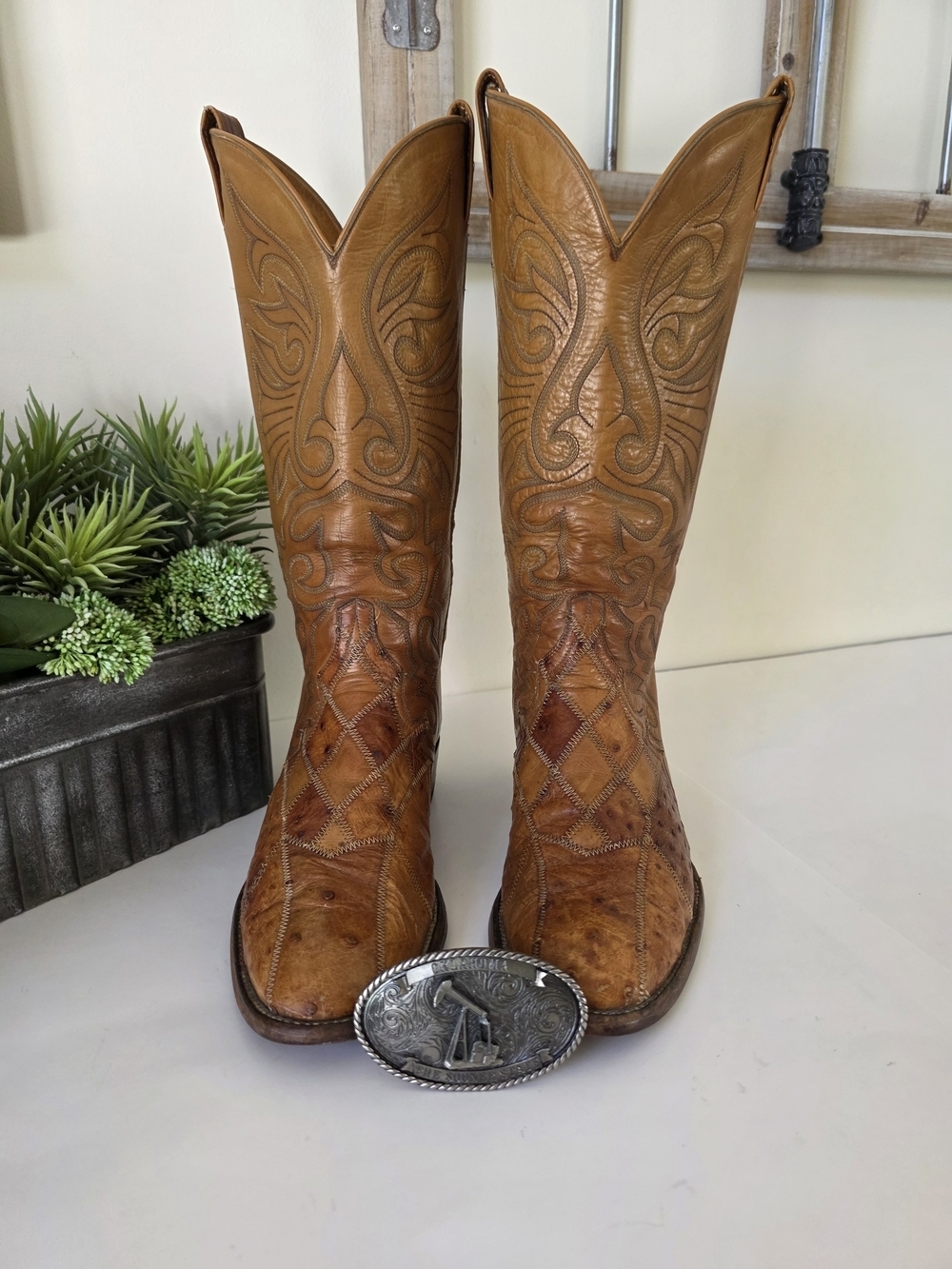Vintage Ostrich  Leather Western Boots Mens 9.5D Womens 11 USA Made + Buckle - Picture 7 of 16